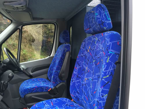 Cab seats retrimmed in moquette to match saloon - Minibus Options Cab seats retrimmed in moquette to match saloon
